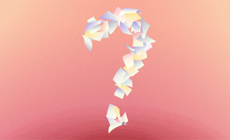 Pink gradient with question mark shape made out of merchant statement papers